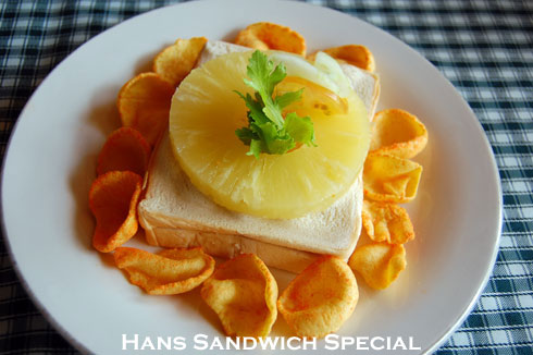 Hans Sandwich Special bread, ham, cheese, tomato and pineapple slice